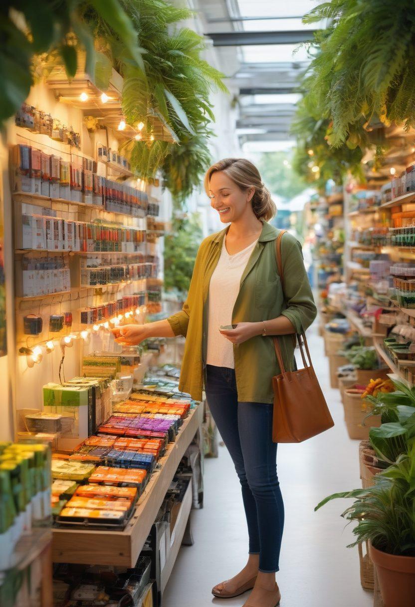 A vibrant marketplace scene featuring various energy-efficient batteries and eco-friendly power solutions, surrounded by lush green plants symbolizing sustainability. Include a friendly expert guiding a curious shopper, with colorful price tags and leaf motifs highlighting discount deals. Sunlight filtering down, enhancing the cheerful ambiance. super-realistic. vibrant colors. white background.