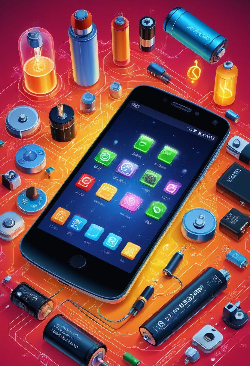 An informative and visually engaging illustration showcasing various types of batteries like lithium-ion, alkaline, and lead-acid, arranged artistically around a smartphone and a laptop. Include icons of dollar signs and light bulbs to represent savings and efficiency. The background should feature a circuit board pattern to emphasize technology. Use bright, vibrant colors to make the elements pop. clean vector art style.