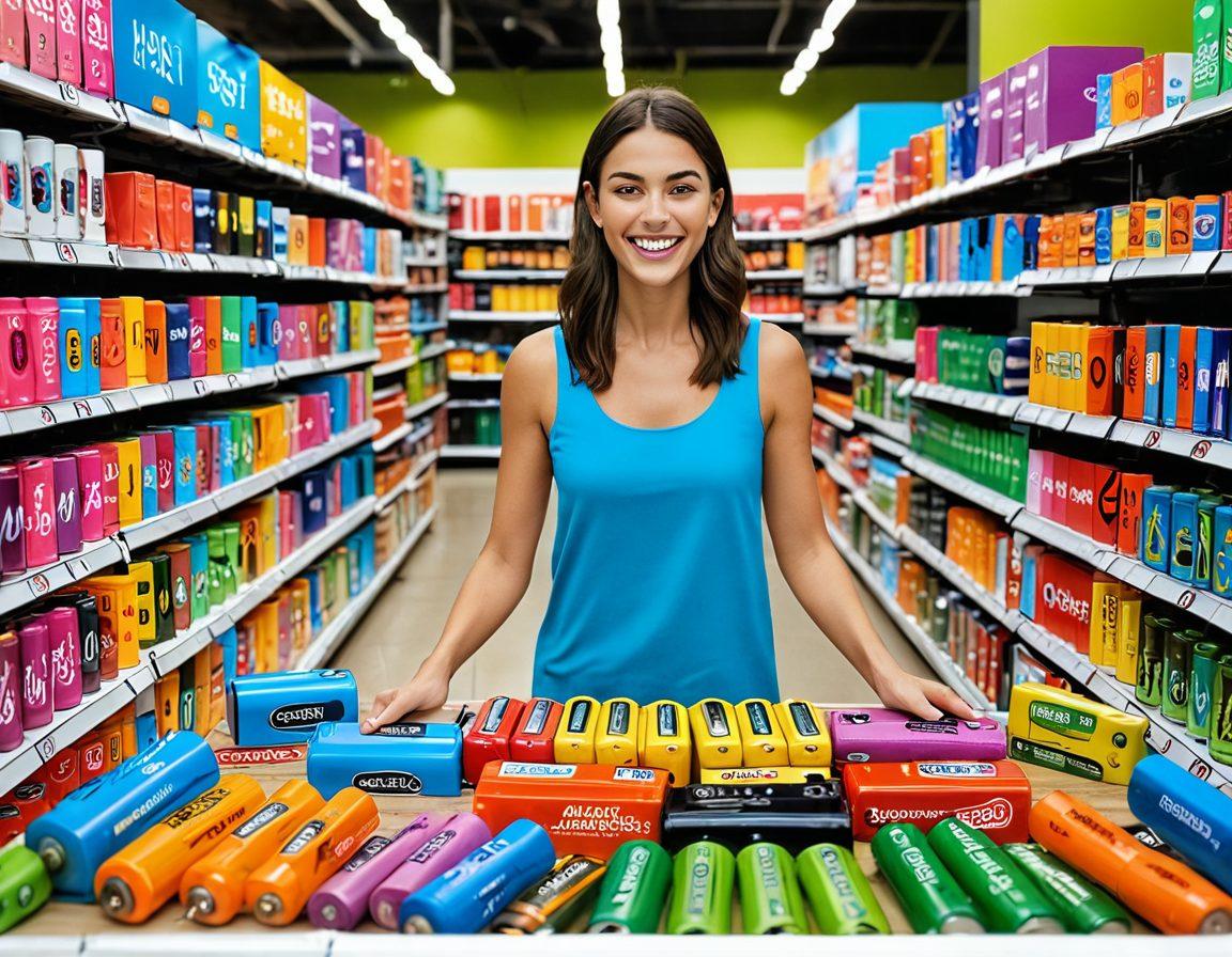 A vibrant shopping scene featuring an array of rechargeable and alkaline batteries on colorful sale displays, with price tags showing discounts. Include a shopper joyfully comparing the two types of batteries, surrounded by flashy signs that say 'Best Deals!' and 'Eco-Friendly Choices!' Utilize bright colors, dynamic angles, and an engaging layout to attract attention. super-realistic. vibrant colors.